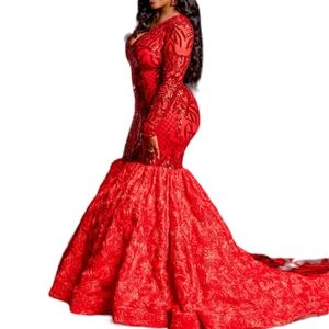 Red Sequin applique mermaid Prom Dress/Gown